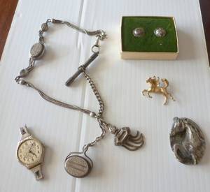 lot 8 image: Sterling silver necklace, sterling ear rings, sterling horse pendant (1.4 oz), 14k gold horse pendant, vintage watch