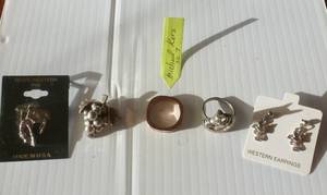 lot 12 image: Sterling silver grape pin, bronco pin, saddle earrings, horse ring, michael kors ring