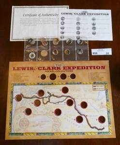 lot 24 image: Lewis and Clark Expedition, colored nickel collector set, 14 unique coins showing their various stops