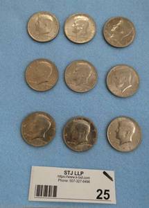 lot 25 image: Group of 9 Kennedy Half Dollars from 1971 (3) 1972 (3) and 1973(3)
