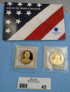 lot 45 image: American Mint collector coins - Greatest American Presidents series - Franklin D Roosevelt and Barack Obama - Gold plated copper
