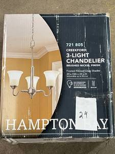 lot 24 image: Hampton Bay Creekford 3-Light Brushed Nickel Chandelier with Frosted Glass Shade ($79.97 retail value)