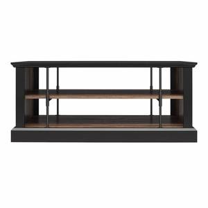 lot 2 image: Stylish Black and Walnut TV Stand with Open Shelving