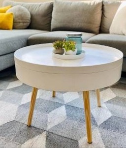 lot 34 image: Mid Century Round Storage Coffee Table in White with Wood Legs