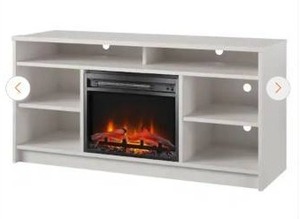 lot 68 image: Ameriwood Home TV Stand with Electric Fireplace Insert - Ivory Oak