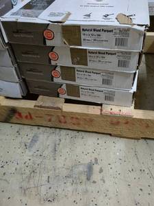 lot 105 image: Lot of 4 Boxes TrafficMASTER 12 x 12 Natural Wood Parquet Peel and Stick Vinyl Tile