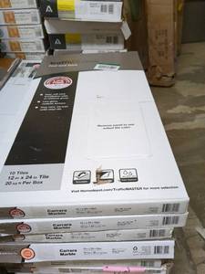 lot 119 image: 5 Boxes of 10 and 1 Box of 15 Carrara Marble Vinyl Floor Tiles, 12 x 24