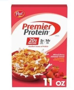 lot 198 image: Bulk Lot of 4 Cases of Post Premier Protein Mixed Berry Almond Cereal