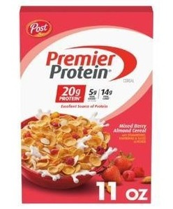 lot 199 image: Bulk Lot of 4 Cases of Post Premier Protein Mixed Berry Almond Cereal