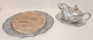 lot 28 image: Vintage ARTHUR COURT Aluminum Rabbit Cheese Board & Gravy Boat