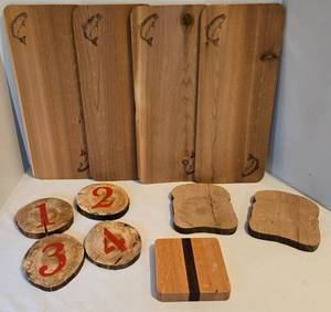 lot 32 image: Wood Plank Salmon Boards, Coasters, Cutting and Cheese Boards - Qty 11