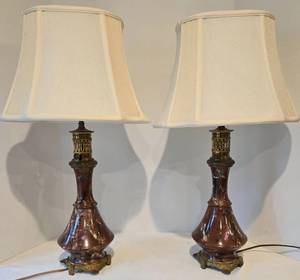 lot 40 image: Antique Glazed Pottery Table Lamps w Shades 
