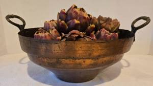 lot 41 image: Antique Brass Handled Copper Bowl w Faux Pomegranates 