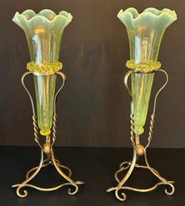 lot 1 image: Pair of Victorian 19th Century Uranium Glass EPERGNE Vases with Silver Plated Bases