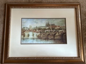 lot 7 image: Original Framed OIL PAINTING of The Charles Bridge  & The Prague Castle Bought off the Streets in Czechoslovakia