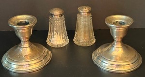 lot 20 image: Vintage Lot of STERLING SILVER Pieces Including Weighted Candlesticks & &nbspSTERLING SILVER Topped Crystal Salt & Pepper Shakers