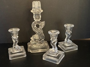 lot 79 image: Vintage CAMBRIDGE & IMPERIAL Dolphin Koi Fish Glass Candlestick Collection - Qty 4