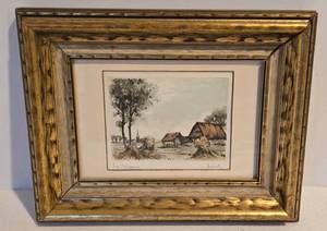 lot 46 image: Vintage ROGER HEBBELINCK Farmhouse Landscape Etching Signed Print
