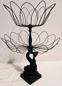 lot 50 image: Antique Dolphin Ware Cast Iron Wire Basket 2 Tiered Countertop Server