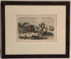 lot 92 image: Vintage Framed INDIANS HUNTING BISON Etched Print