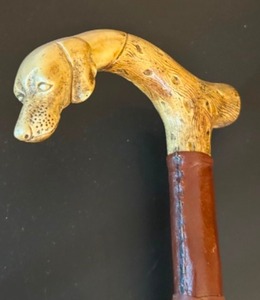 lot 199 image: Antique Vintage Carved Resin Hound Dog Bamboo Cane Walking Stick