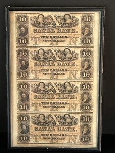 lot 189 image: Rare Framed CANAL BANK of New Orleans Louisiana Uncut Sheet of Four $10 Notes C 1855