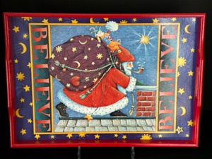 lot 177 image: Vintage 1992 MARY ENGELBREIT Wood Christmas Santa Believe Tray