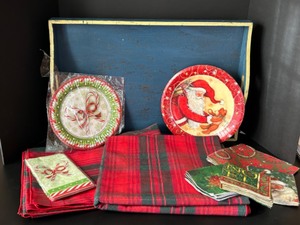lot 176 image: Vintage CHRISTMAS Table Decor Painted Wood Tray, 2 Sizes of Plaid Tablecloths & Paper Goods