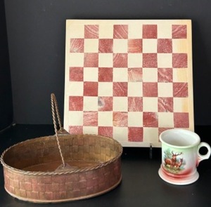 lot 175 image: Vintage Decorating Lot Stone Checker Board Platter, Shaving Mug & Metal Woven Basket