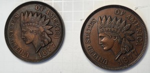 lot 9 image: Vintage Big Metal Replica of a Copper 1877 INDIAN HEAD PENNIES - Qty 2