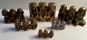 lot 65 image: Vintage Large Lot of Brass and Pewter Wise MONKEYS Hear No Evil - Qty 6