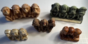 lot 68 image: Vintage Lot of Wise Monkeys in Various Materials, Colors & Sizes - Hear No Evil, See No Evil, Speak No Evil