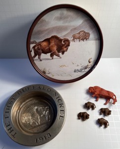 lot 69 image: Buffaloes, Buffaloes & More Buffaloes Various Items with Buffaloes Including a Les Kouba Printed Tin