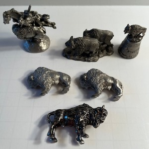 lot 72 image: Vintage Lot of PEWTER Miniature Pieces Including Buffalo & Indian Hunter - Qty 6