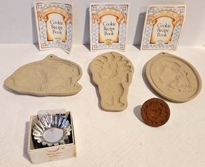 lot 108 image: Vintage Brown Bag Cookie Molds, Tarte Trays, & Cookie Press