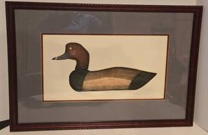 lot 110 image: ARTHUR NEVIN Framed Redhead Drake Decoy Art Print - Signed 