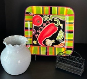 lot 182 image: Home Decor Items - Chili Pepper Ceramic, White Pottery Vase & Wire Rack