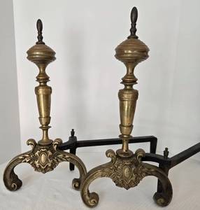 lot 168 image: Pair of Vintage Brass Cast Iron Fireplace ANDIRONS