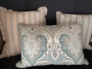 lot 138 image: Trio of Elegant Custom Made Pillows Down Filled Teal Blues & Tans