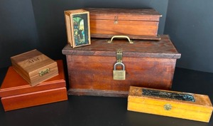 lot 143 image: Vintage Various WOOD BOXES Collectible Decorative Pieces - Qty 6