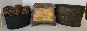 lot 219 image: Metal Decorative Container wMoss Balls - Qty 3