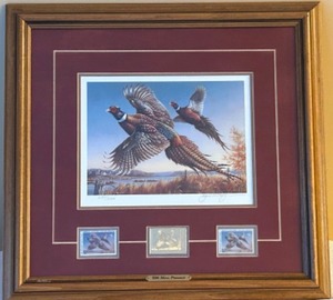 lot 261 image: 1986 Minnesota Pheasant Habitat Print & Stamps by JAMES A. MEGER - Beautifully Framed