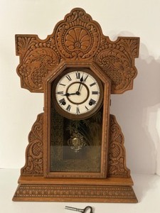 lot 264 image: Antique STEWART Gingerbread Shelf Mantel Chime CLOCK w Key