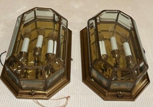 lot 335 image: Mid Century Pair of Traditional Aged Brass Enclosed Candelabra Wall Sconce with Beveled Glass by FORECAST LIGHTING