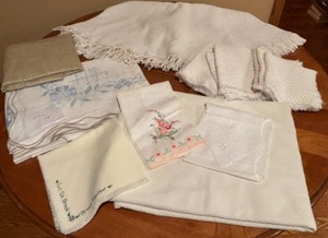 lot 342 image: Vintage Lot of Linens Including Madeira Embroidered Pieces, Tablecloths w Napkin & More
