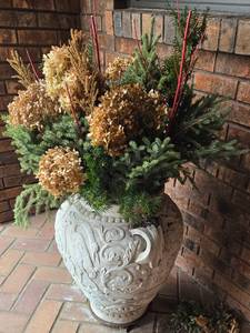 lot 196 image: Painted White Concrete Poured Outdoor Planter wWinter Arrangement
