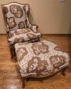 lot 133 image: Walnut Framed Down Filled Wingback Armchair wCustom Fabric by ERICKSON INTERIORS