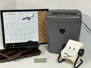 lot 360 image: Office Essentials Including a Paper Shredder, Desk Organizer Trays, Wall Calendar & More