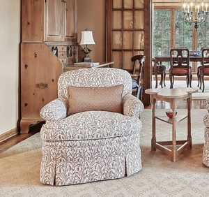 lot 10 image: Custom FORTUNY Italian Fabric Upholstered ACCENT CHAIR in Cream, Gold & Peach