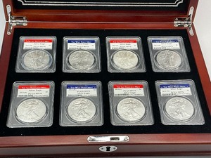 8pc Mystery Mint American Silver Eagle Set in Cherrywood Box